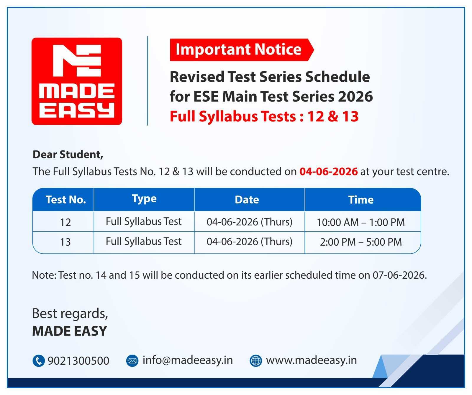 Important Notice - Revised Test Series Schedule